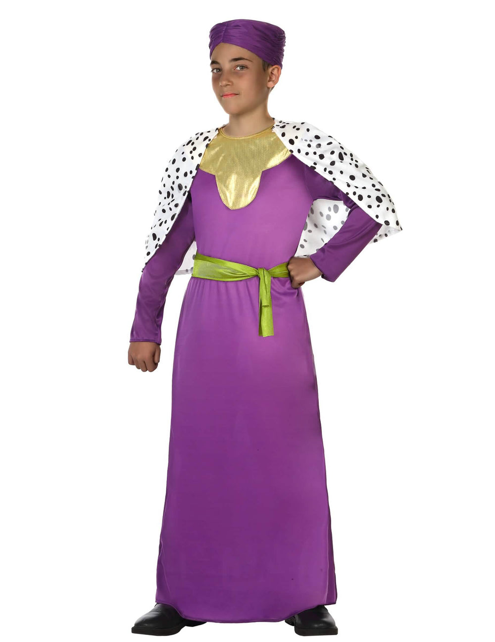 Fato de rei mago para criança roxo com capa às bolas e cinto verde