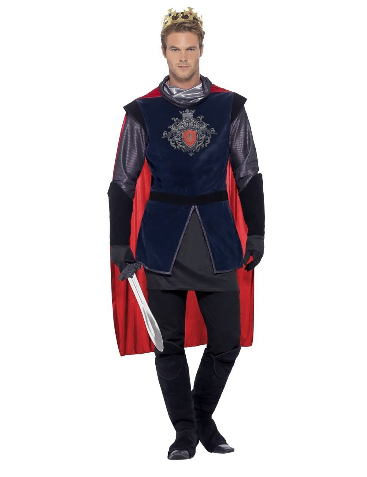 Déguisement de roi médiéval pour homme bleu et rouge avec cape et couronne