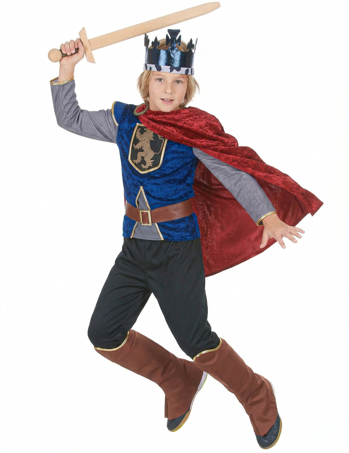 Fato de rei medieval efeito veludo para menino azul e vermelho com capa e coroa