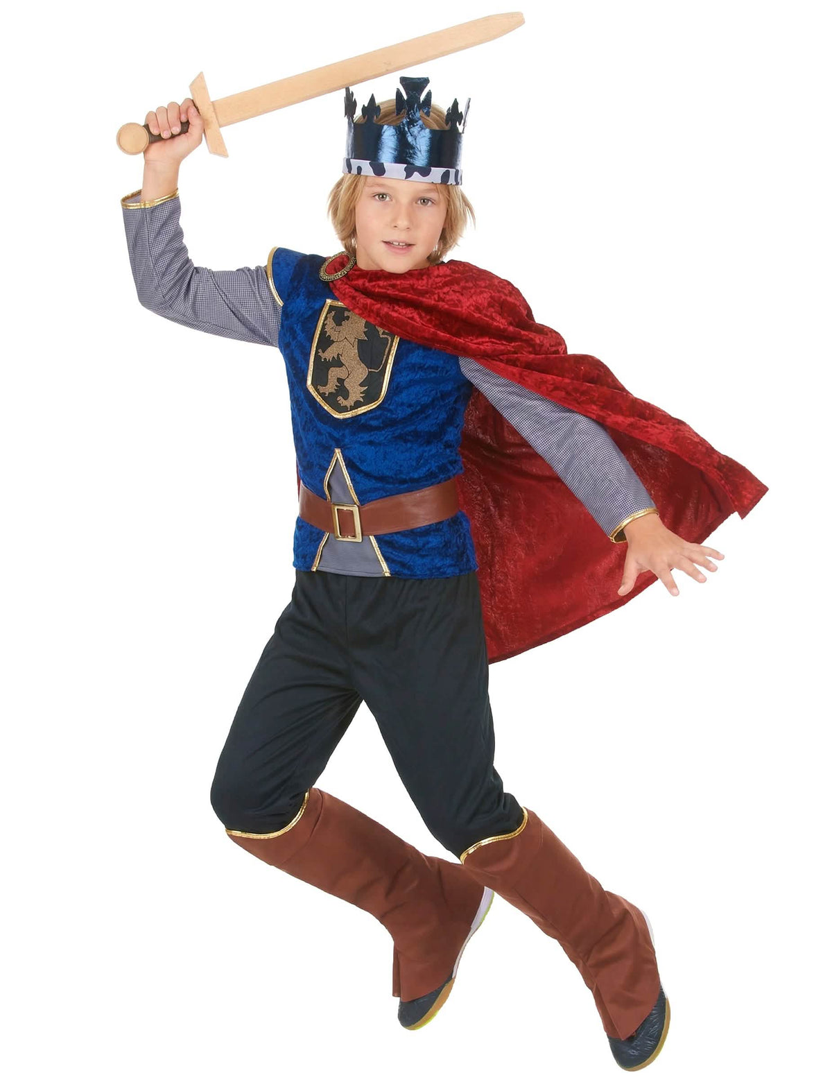 Vista frontal em ação com capa ao vento do fato de rei medieval com efeito veludo