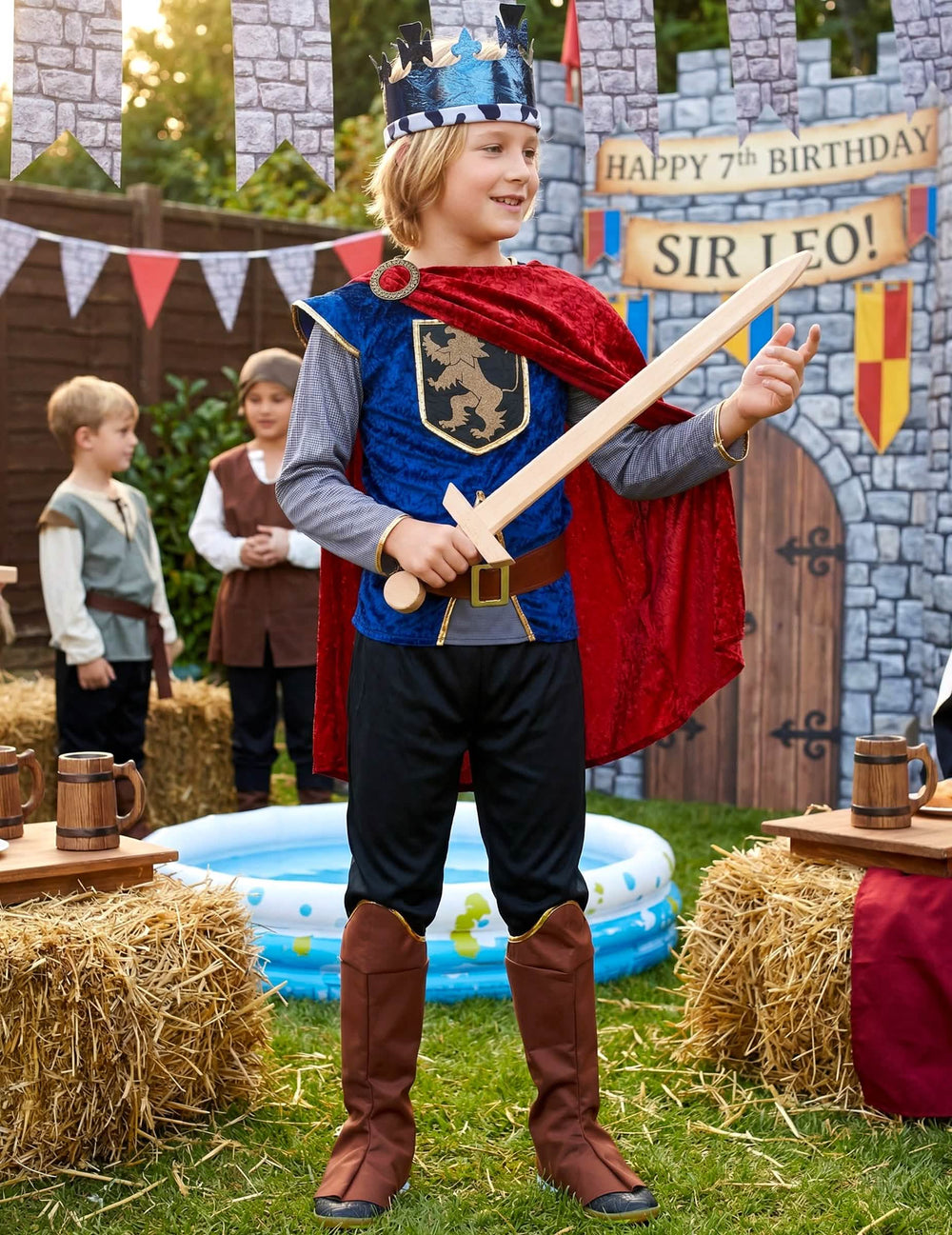 Encenação durante um aniversário do disfarce de rei medieval efeito veludo