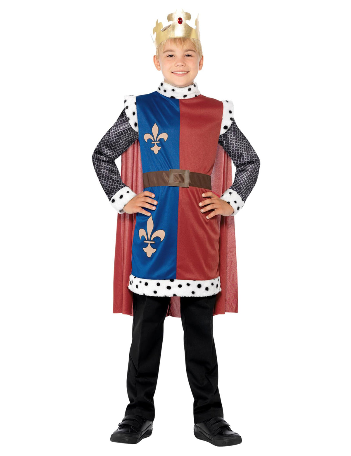 Déguisement roi médiéval pour garçon bleu et rouge avec couronne dorée