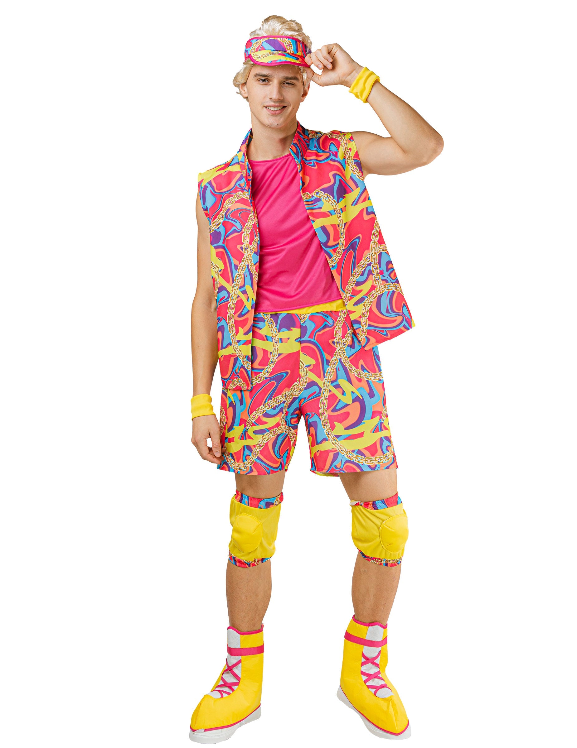 Déguisement roller boy pour homme fluo multicolore avec gilet short et visière