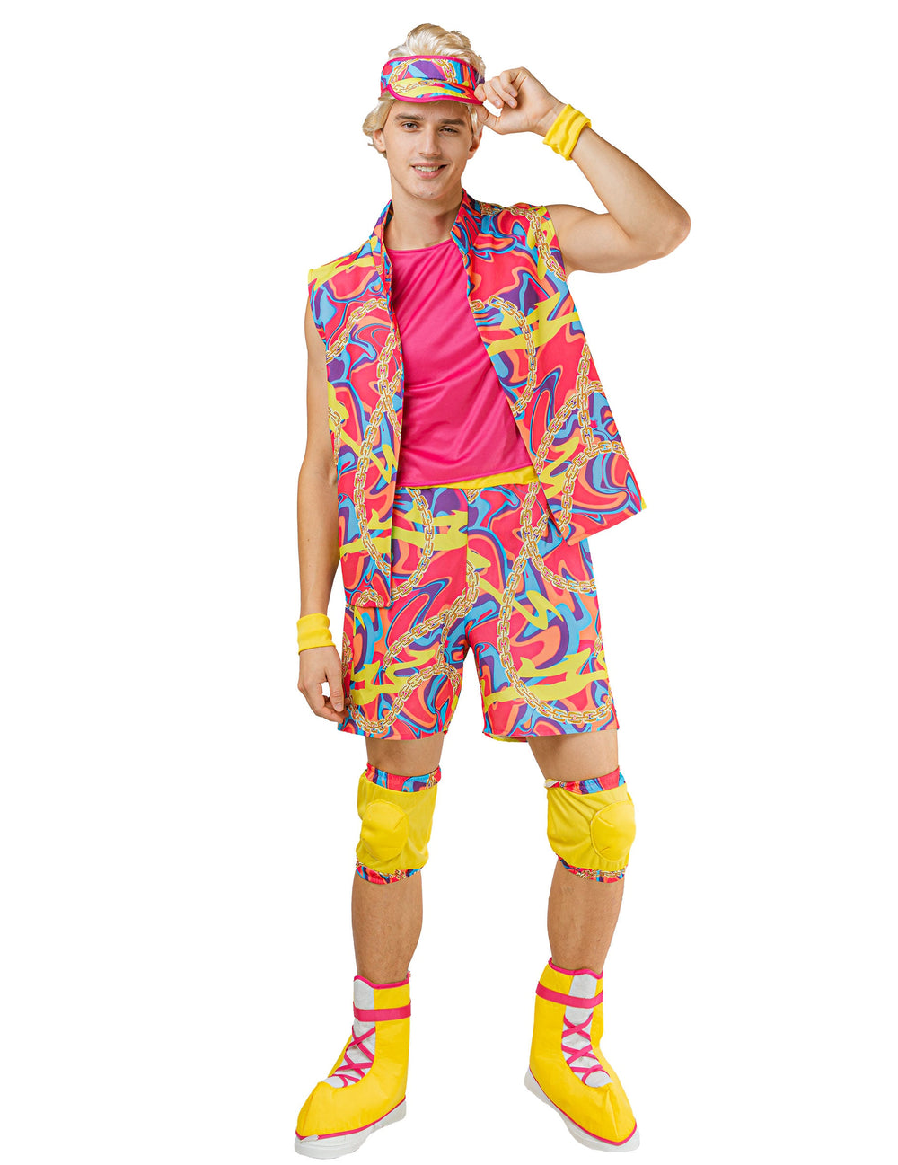 Déguisement roller boy pour homme fluo multicolore avec gilet short et visière