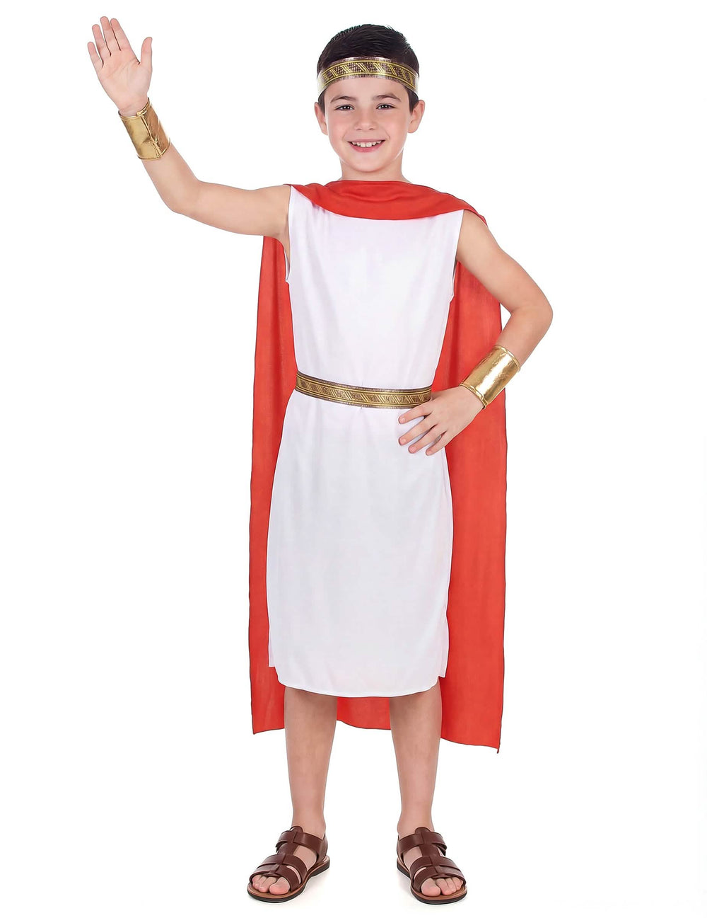 Fato romano com capa para menino branco e vermelho com acessórios dourados