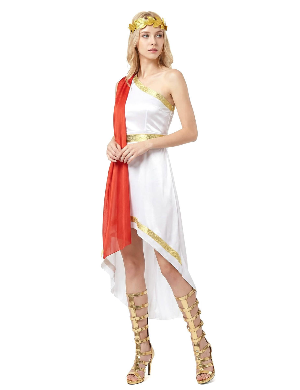 Disfarce romana elegante para mulher branco e vermelho com coroa dourada