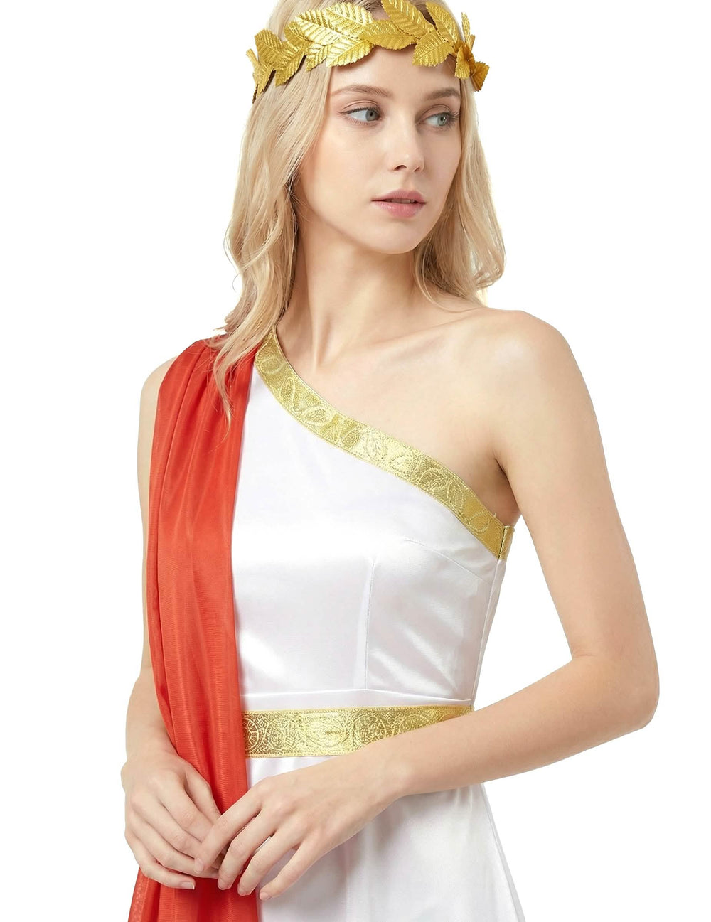 Grande plano no busto e na coroa do disfarce romano elegante para mulher