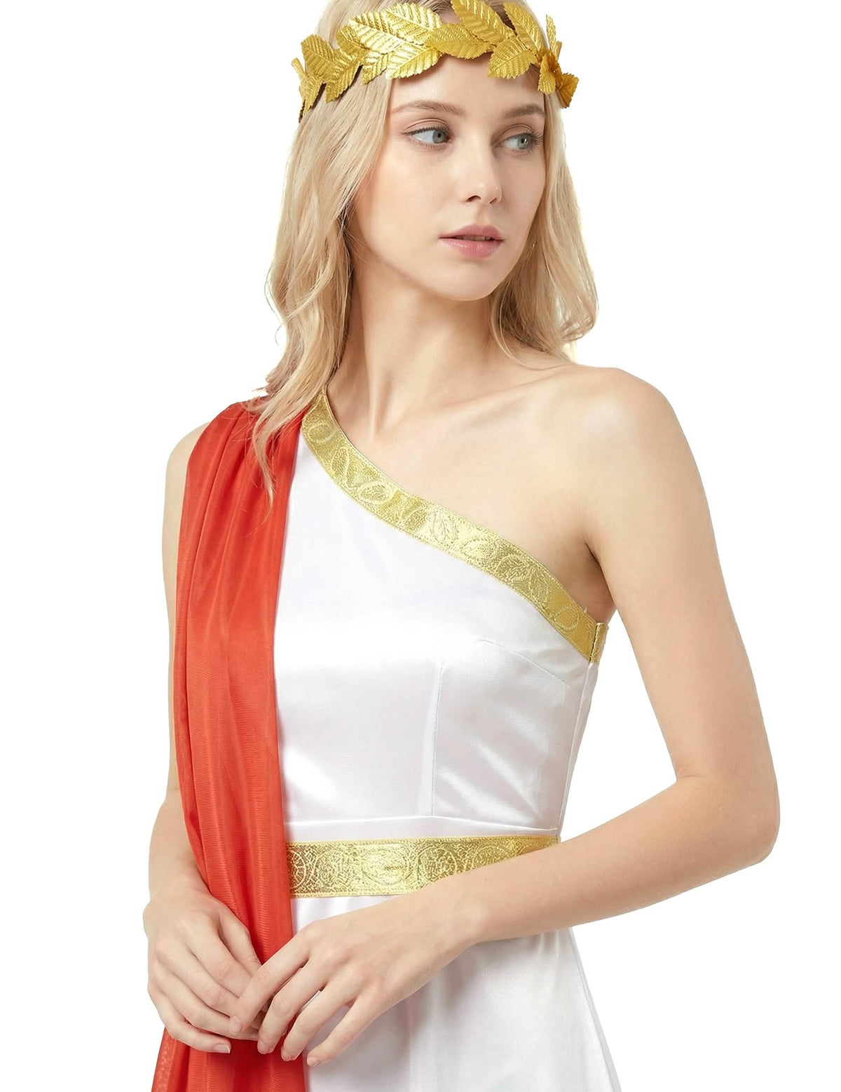 Grande plano no busto e na coroa do disfarce romano elegante para mulher