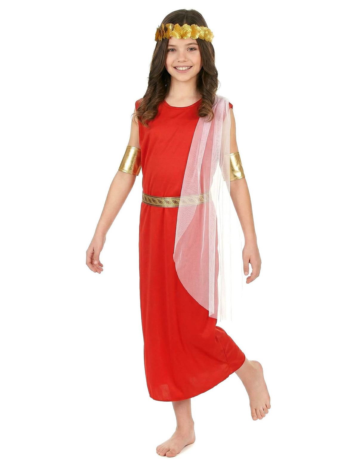 Fato de romana para menina vermelho com acessórios dourados e véu branco