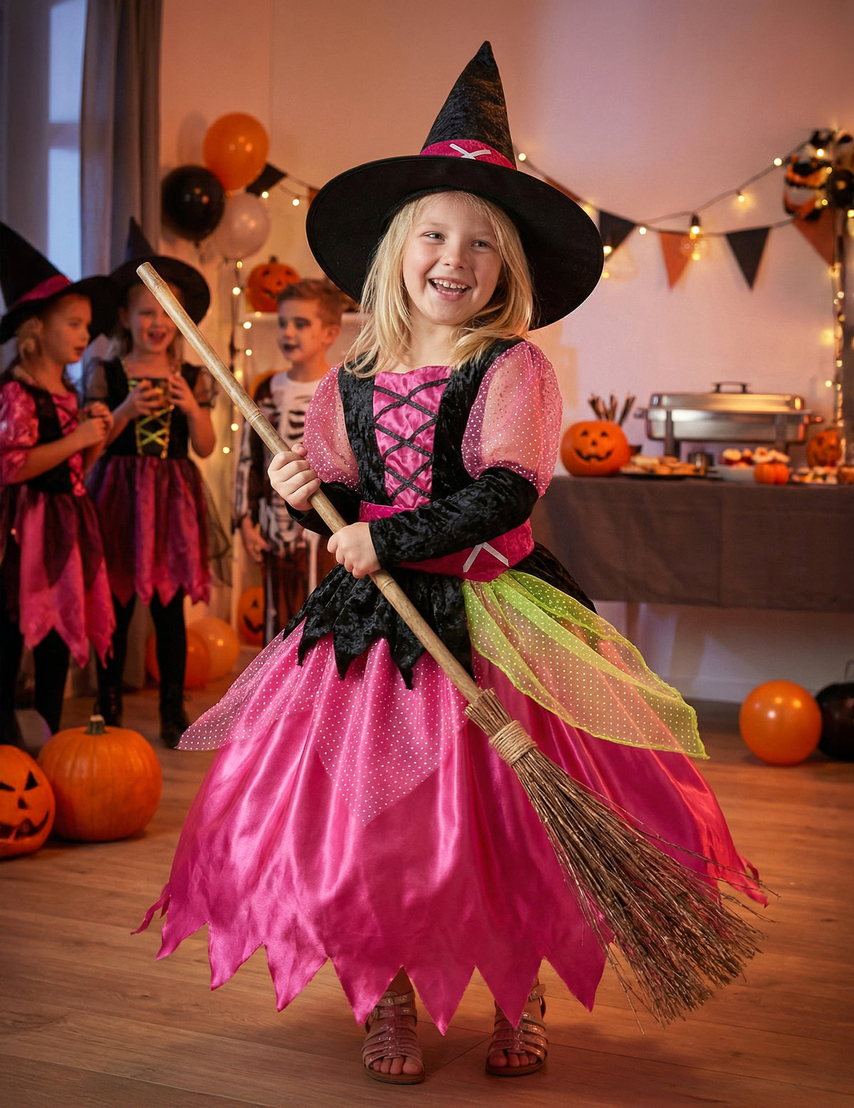 Mise en situation festive du déguisement de sorcière pour fille