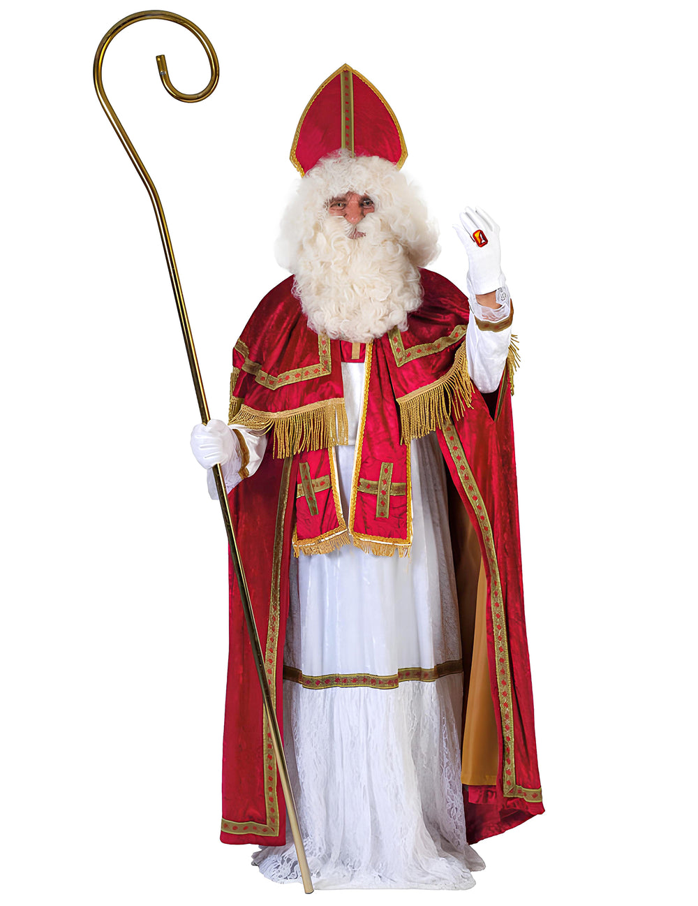 Déguisement Saint Nicolas luxe pour homme rouge et blanc avec mitre et crosse