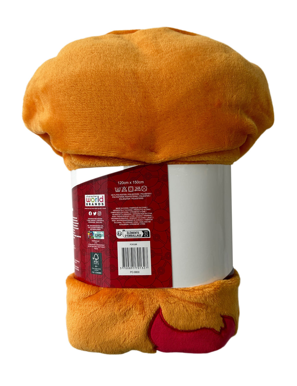 Détail de l'étiquette et du packaging du déguisement plaid polaire à capuche Salamèche Pokémon