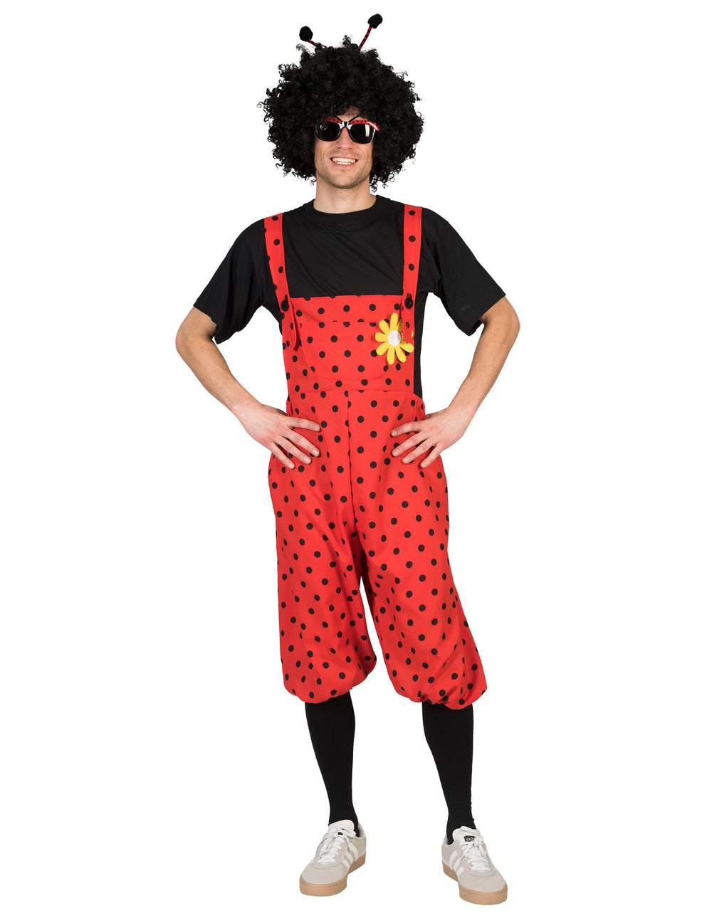 Déguisement salopette coccinelle avec fleur pour adulte rouge à pois noirs