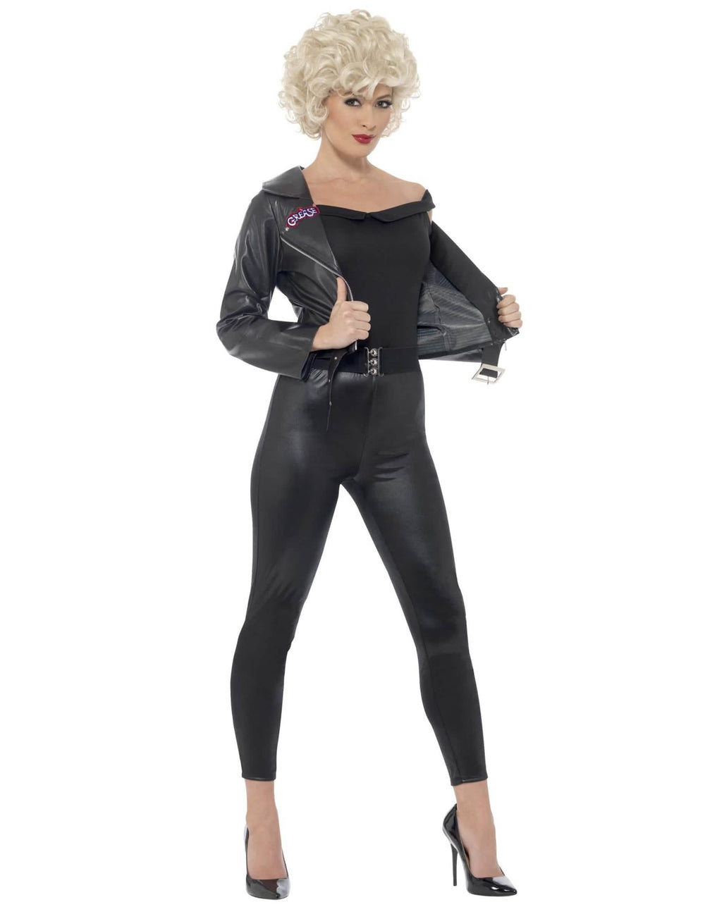 Disfarce Sandy Grease™ para mulher preto com casaco em pele sintética