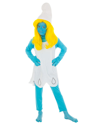 Déguisement Schtroumpfette pour enfant bleu et blanc avec bonnet et perruque jaune