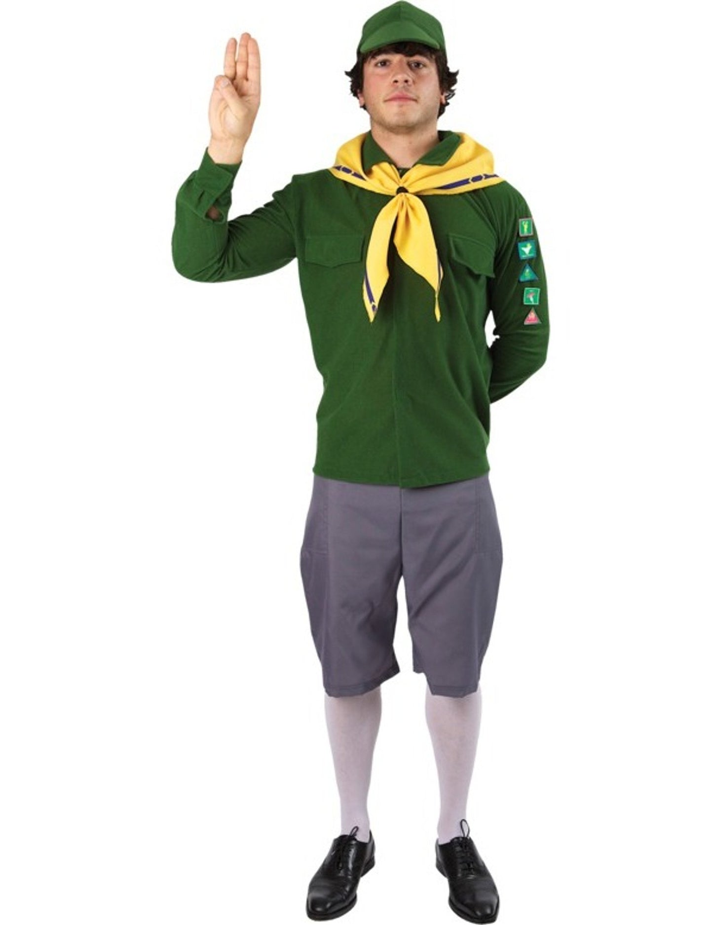 Déguisement de scout pour homme vert avec foulard jaune et casquette