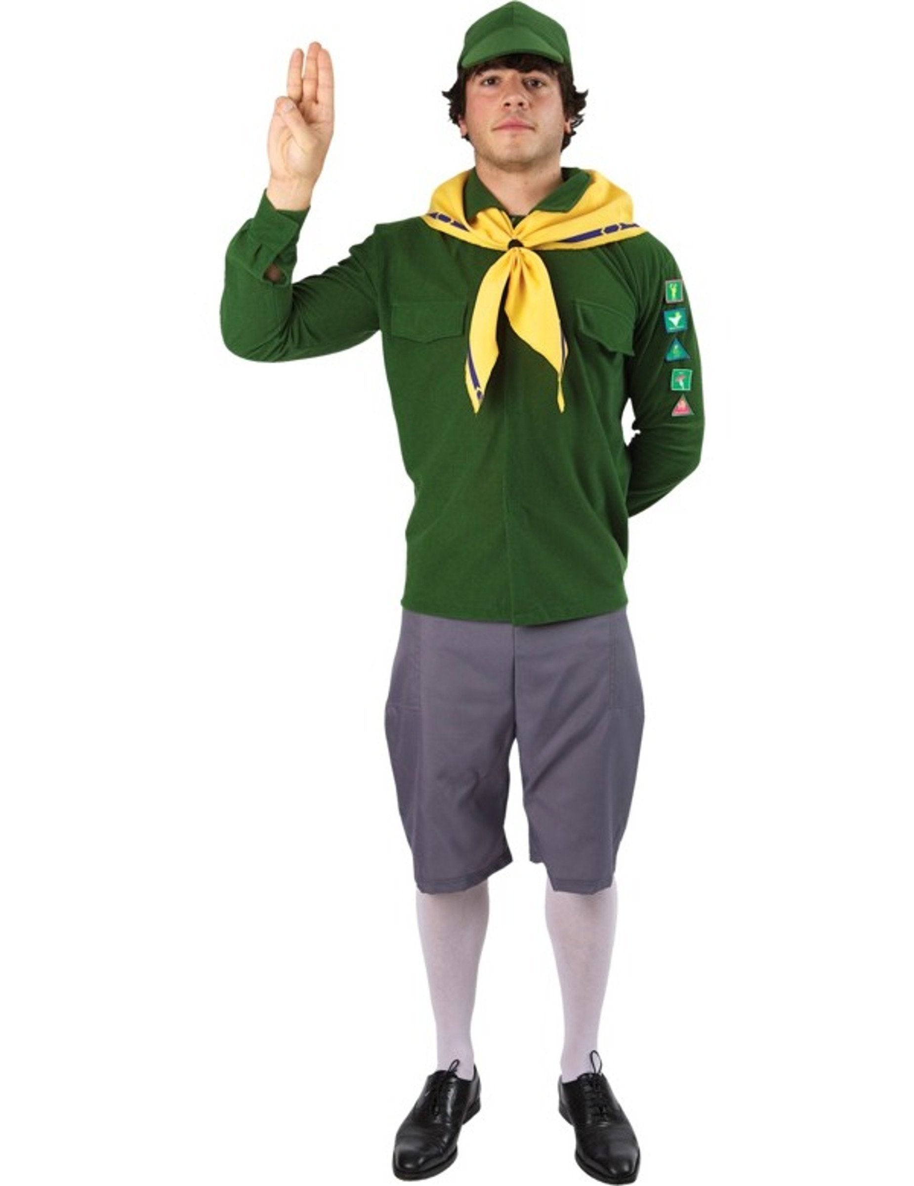 Déguisement de scout pour homme vert avec foulard jaune et casquette