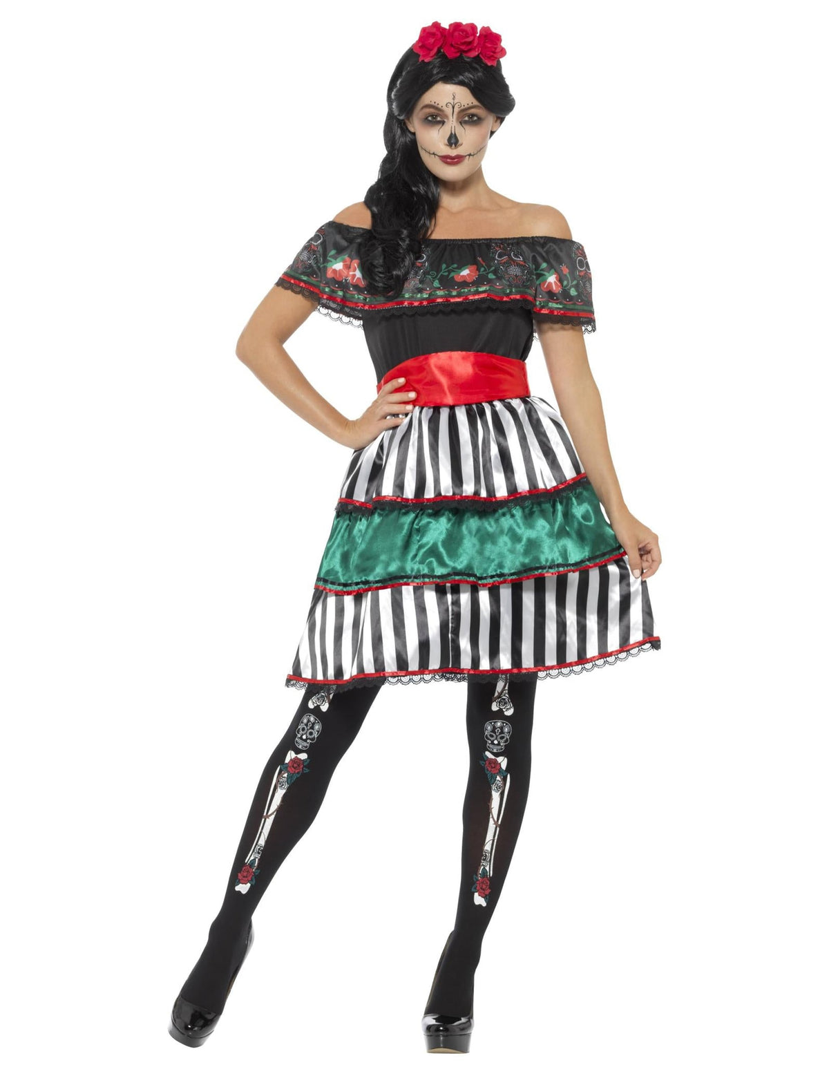 Déguisement Senora Dia de los Muertos pour femme noir rouge et vert avec jupe à rayures