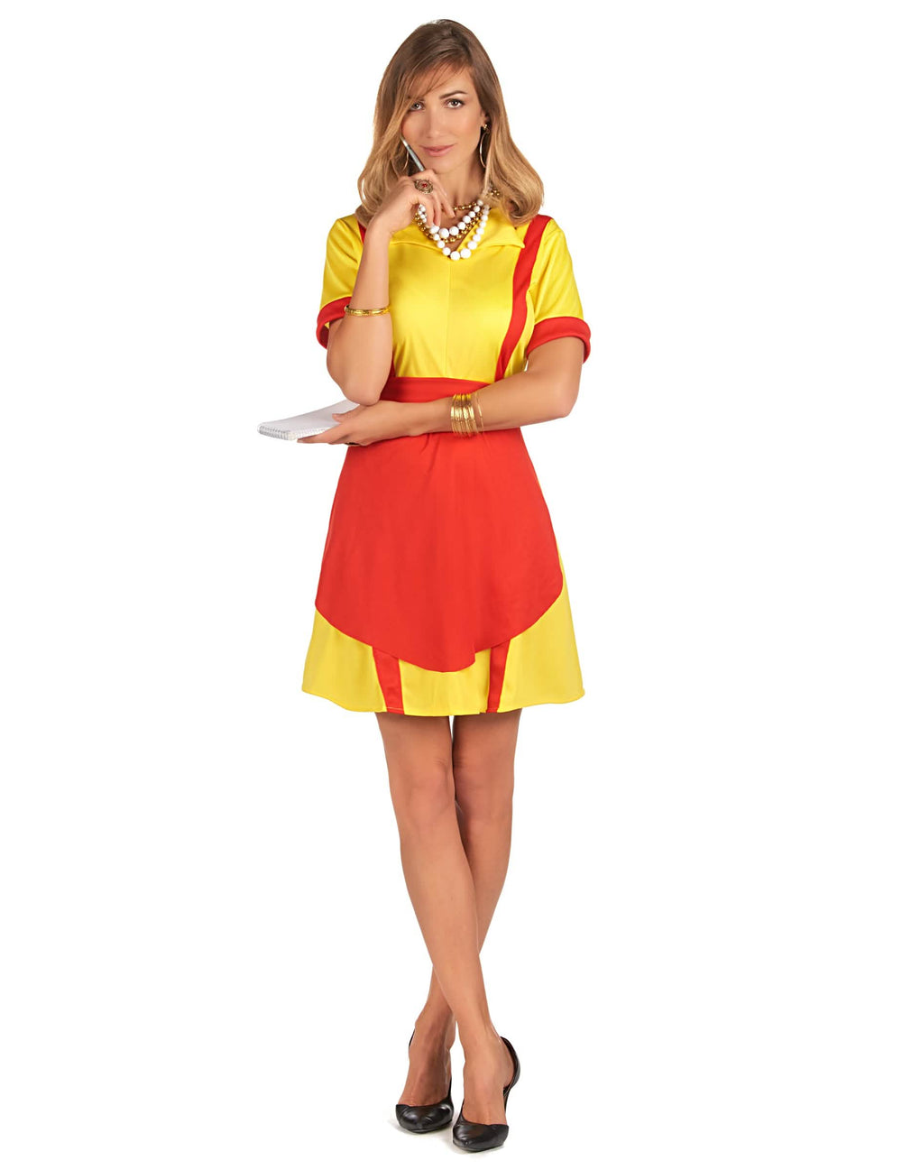 Fato de empregada de diner americano para mulher amarelo e vermelho