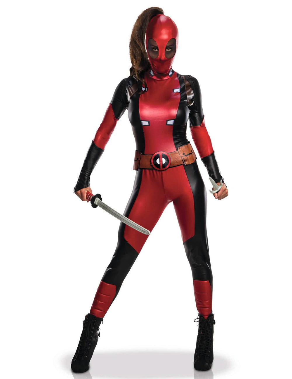 Vue de face du modèle femme du déguisement de couple Deadpool et Lady Deadpool