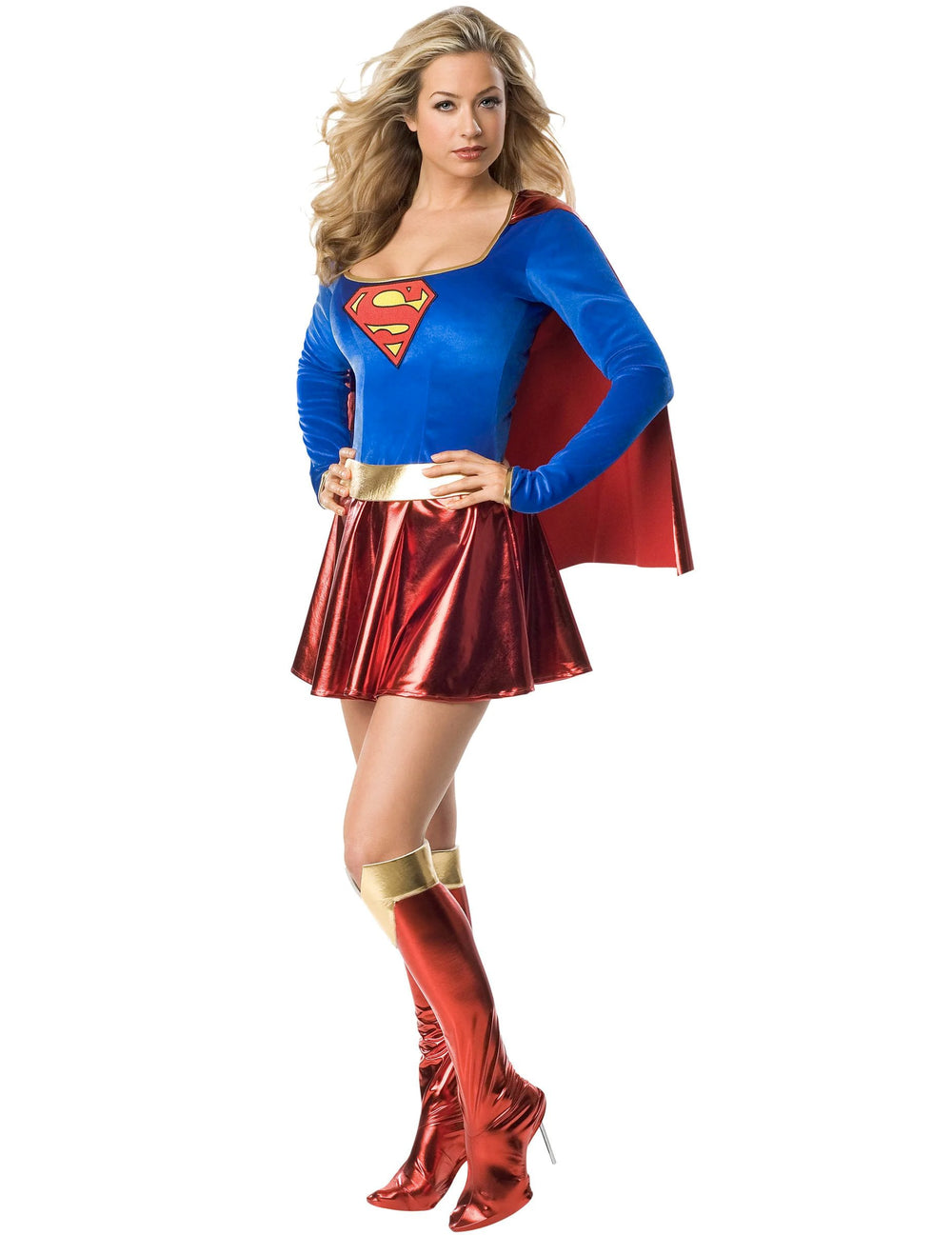 Déguisement sexy Supergirl pour femme bleu et rouge avec jupe brillante et cape