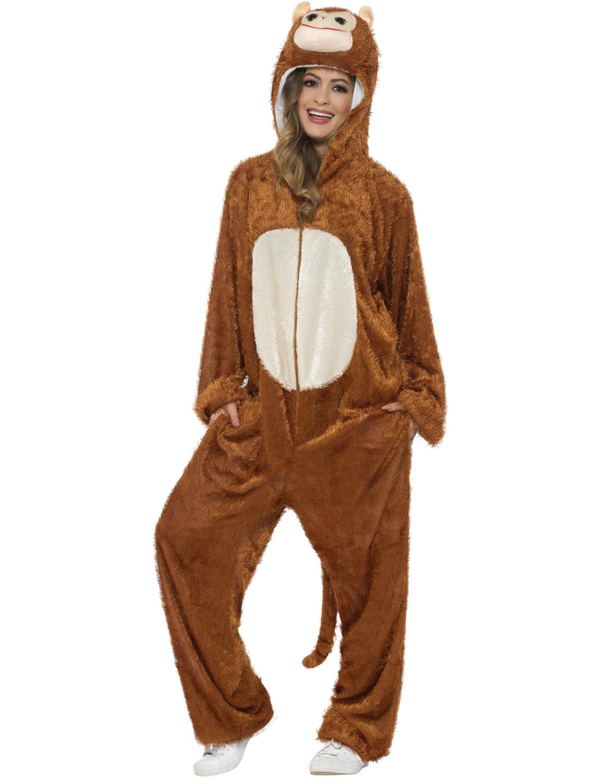 Vue de face avec capuche du déguisement de singe pour adulte