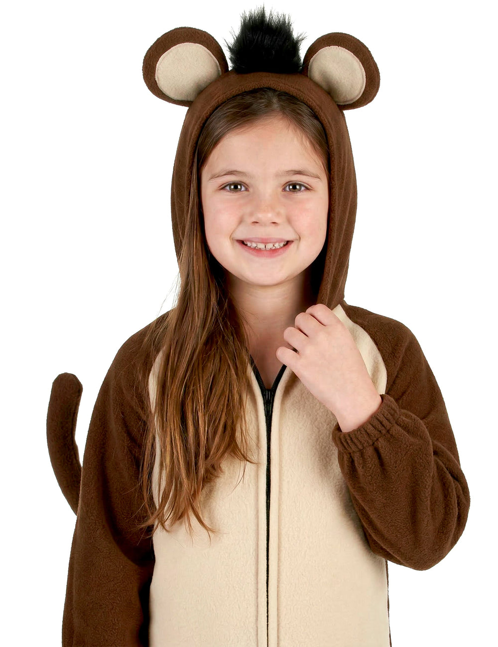 Zoom sur la capuche à oreilles du déguisement de singe avec queue pour enfant