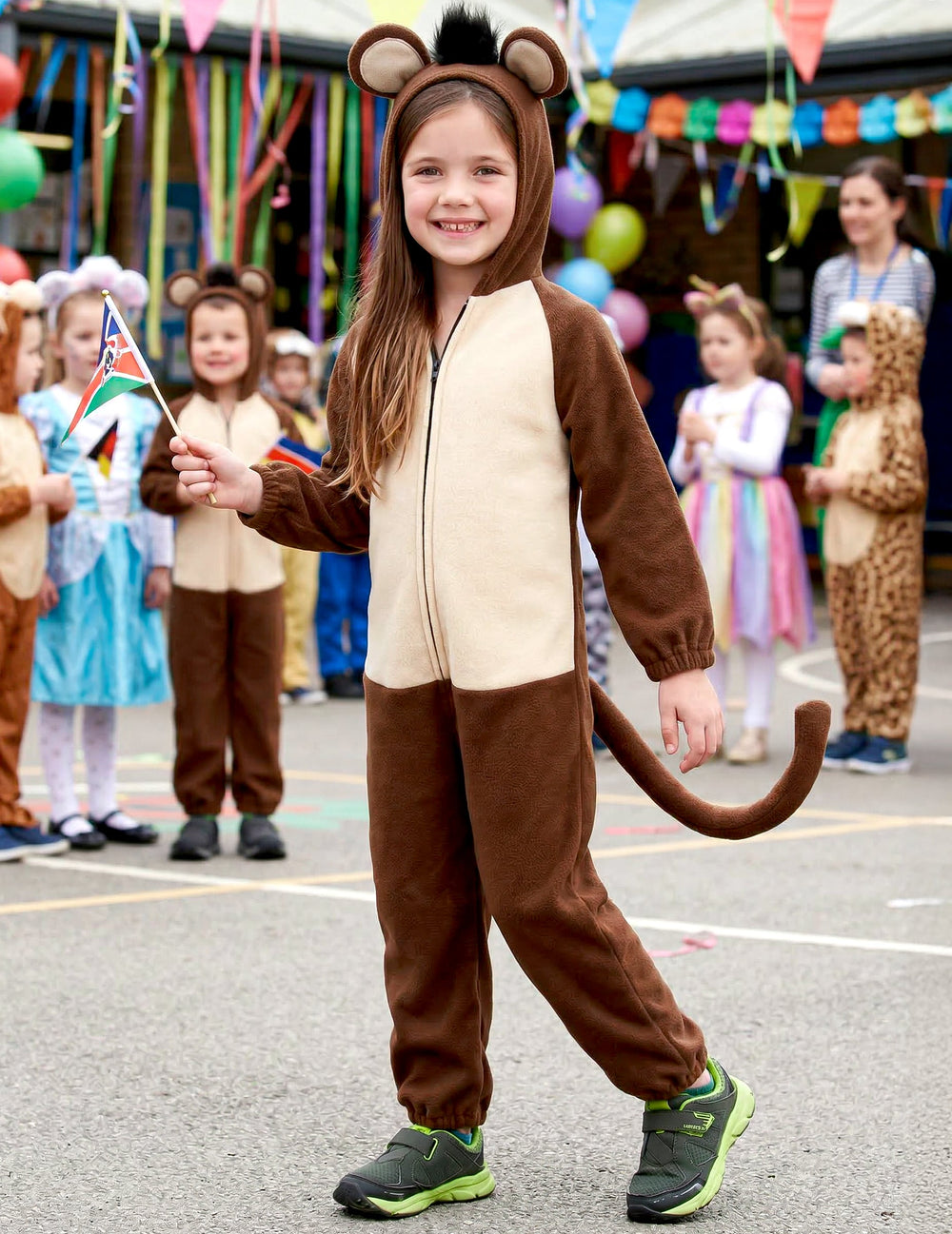 Pose avec petit drapeau du déguisement de singe avec queue pour enfant