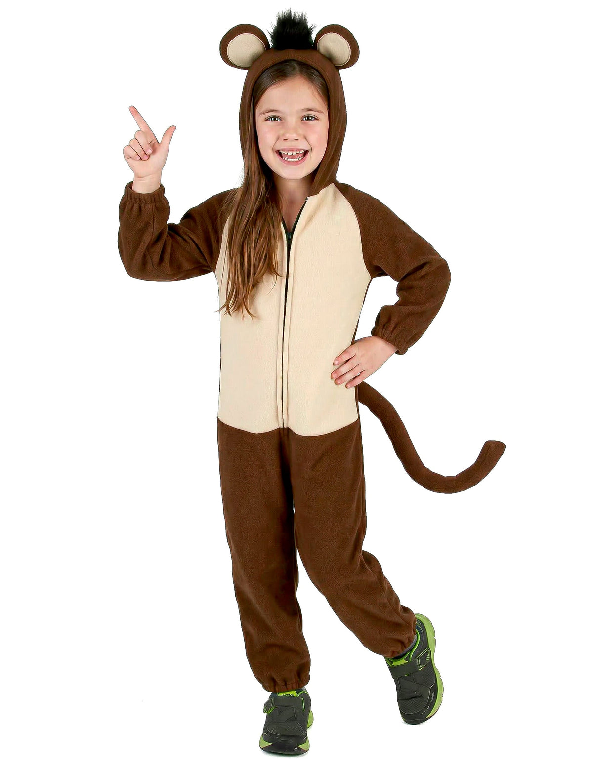 Pose avec doigt levé du déguisement de singe avec queue pour enfant