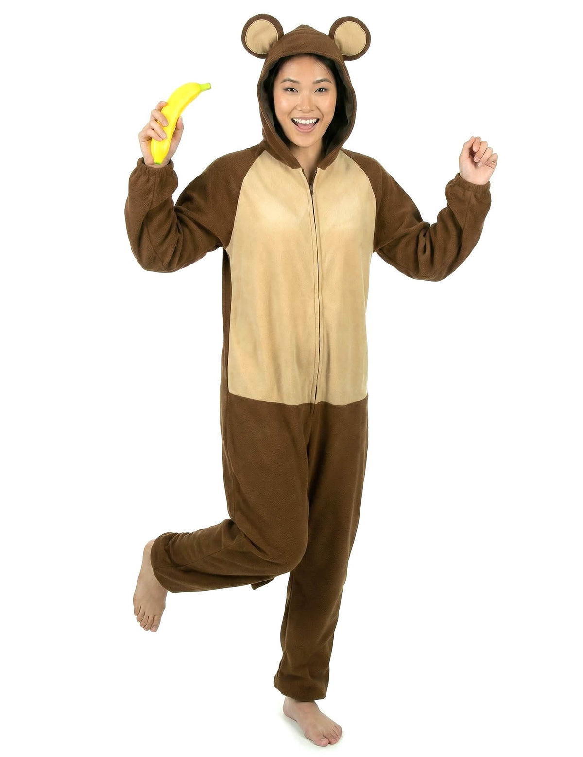 Fato de macaco para mulher castanho e bege com capuz e orelhas