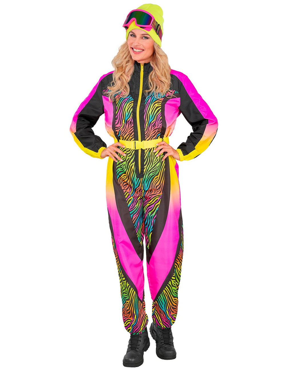 Déguisement de skieur zèbre pour adulte multicolore fluo avec bonnet et lunettes