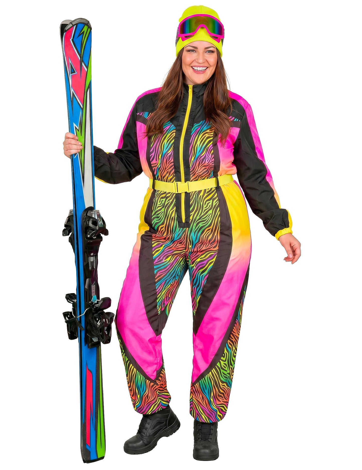 Fantasia de esquiador zebra multicolorida tamanho grande para adulto