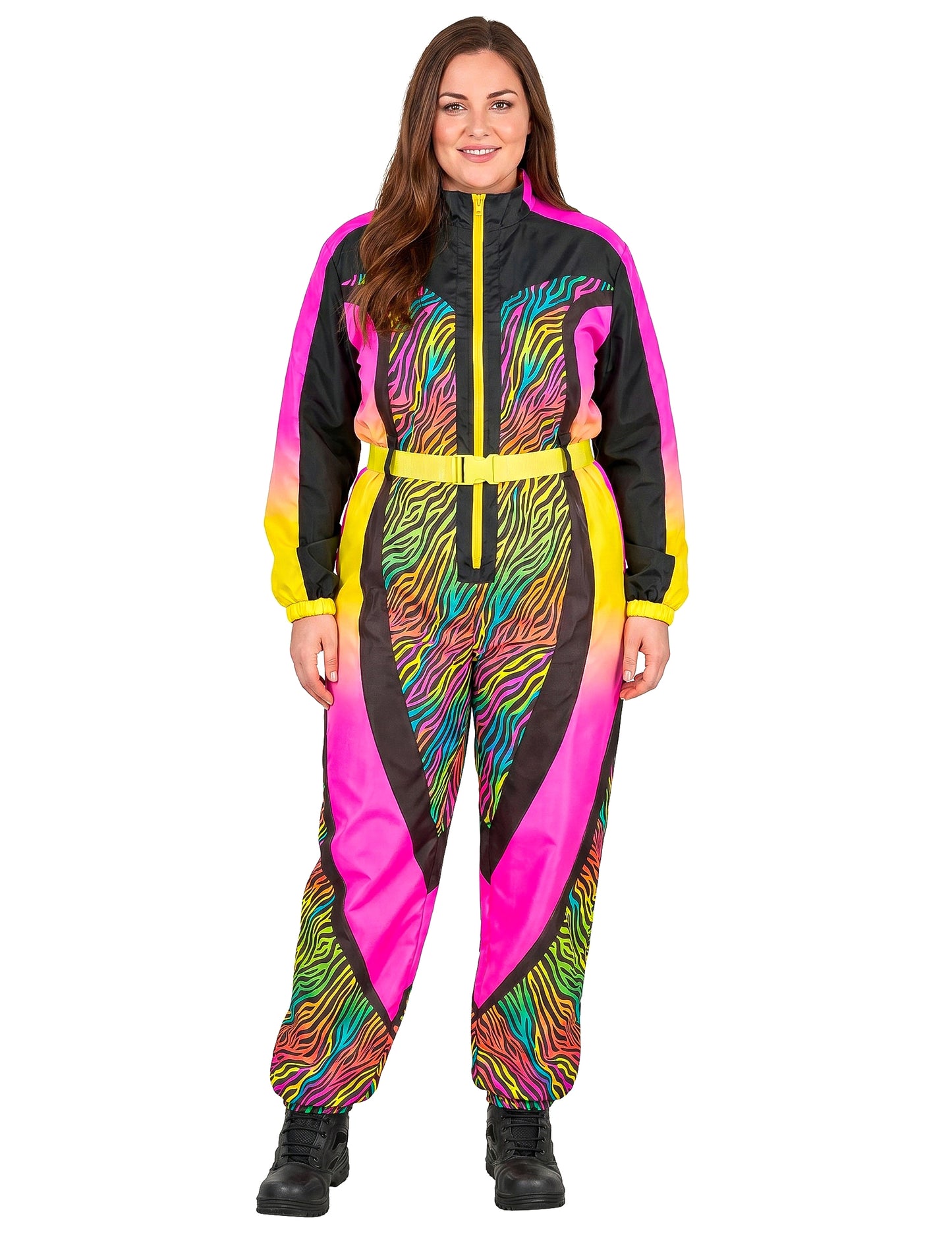 Fantasia de esquiador zebra multicolorida tamanho grande para adulto