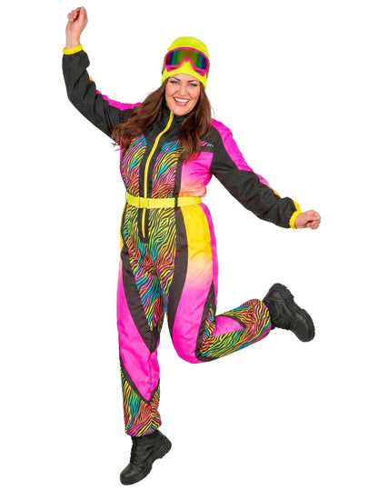 Fantasia de esquiador zebra multicolorida tamanho grande para adulto