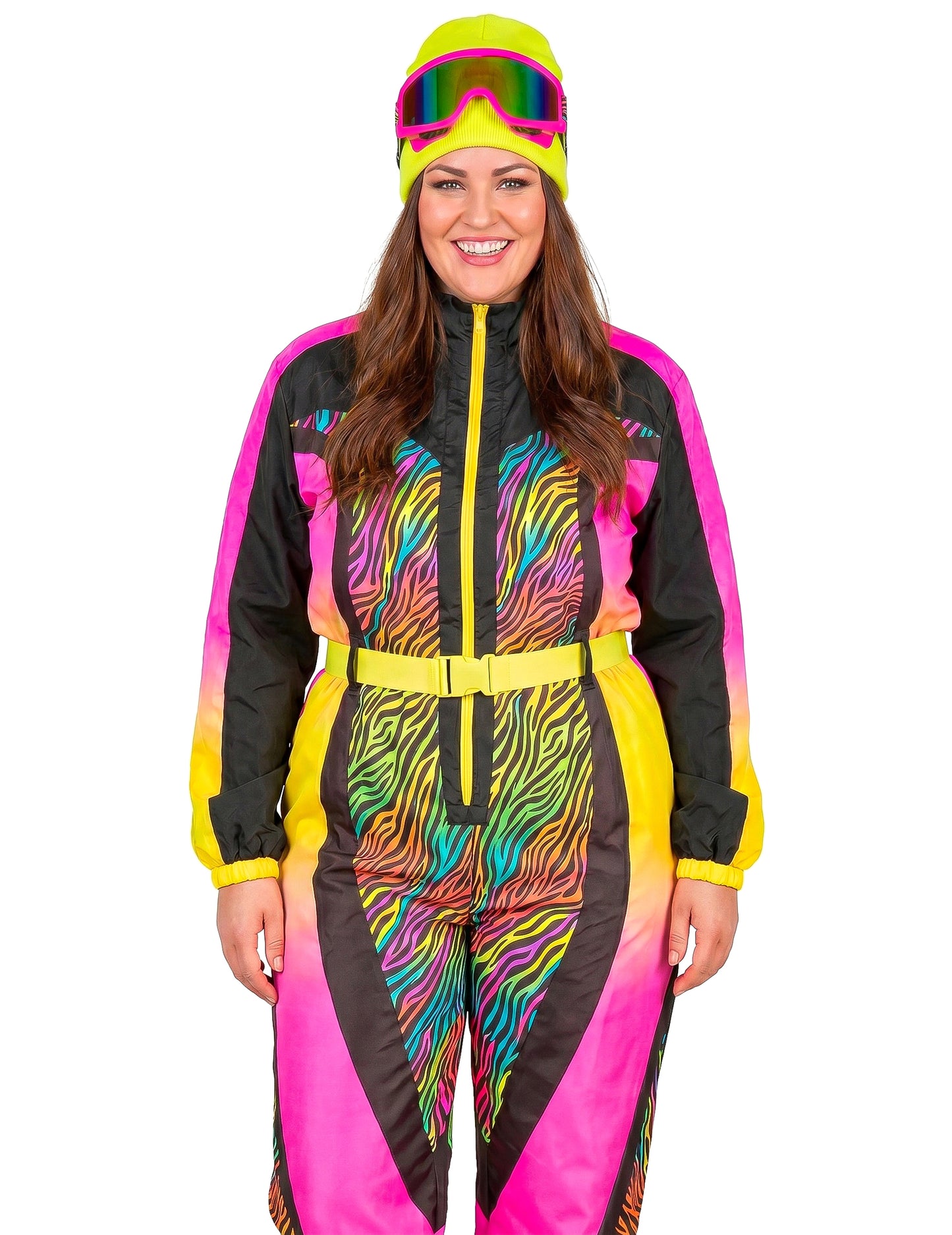 Fantasia de esquiador zebra multicolorida tamanho grande para adulto