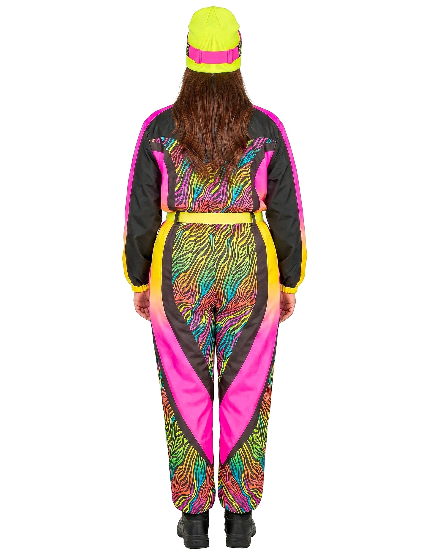 Fantasia de esquiador zebra multicolorida tamanho grande para adulto