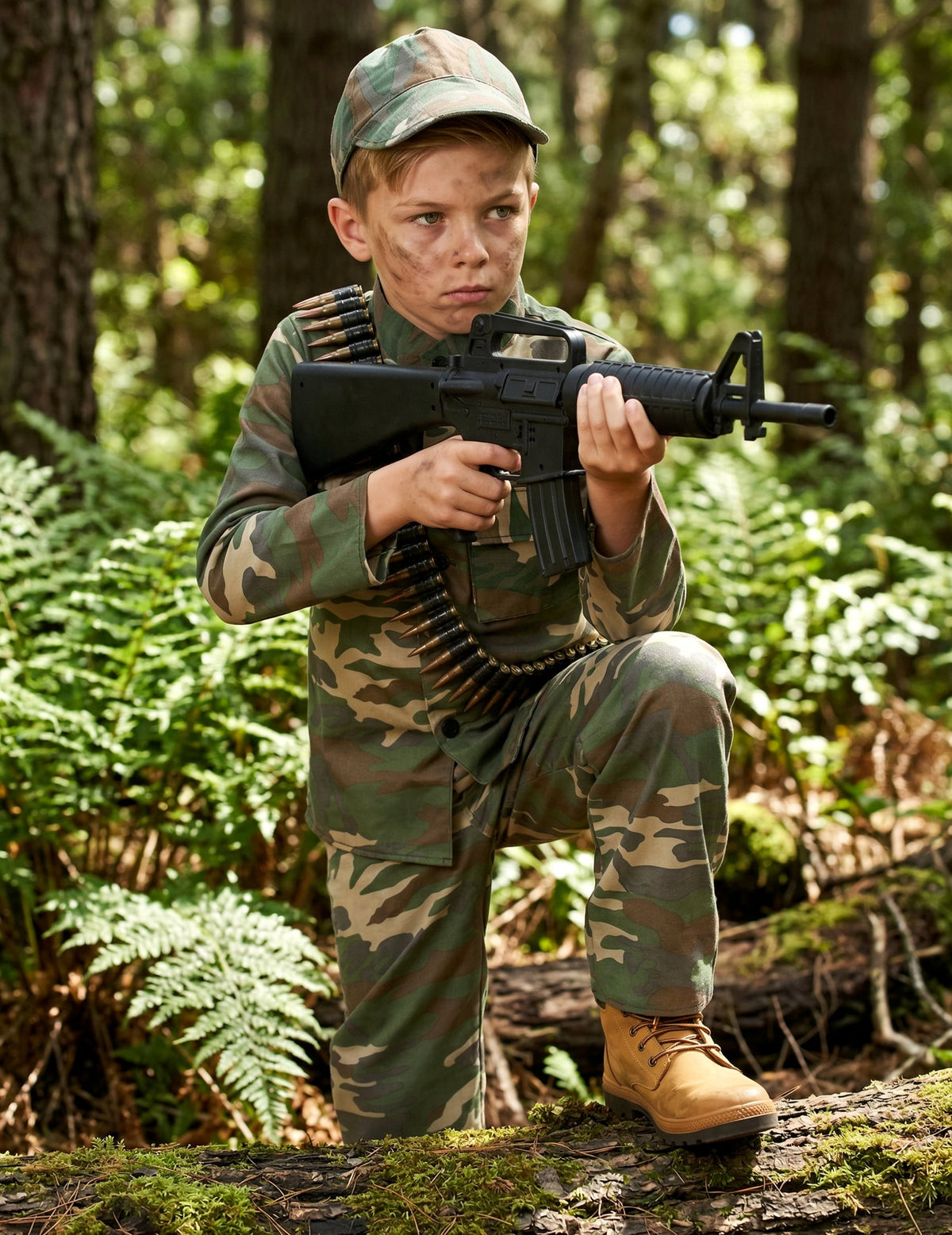 Mise en situation en forêt du déguisement de soldat pour garçon