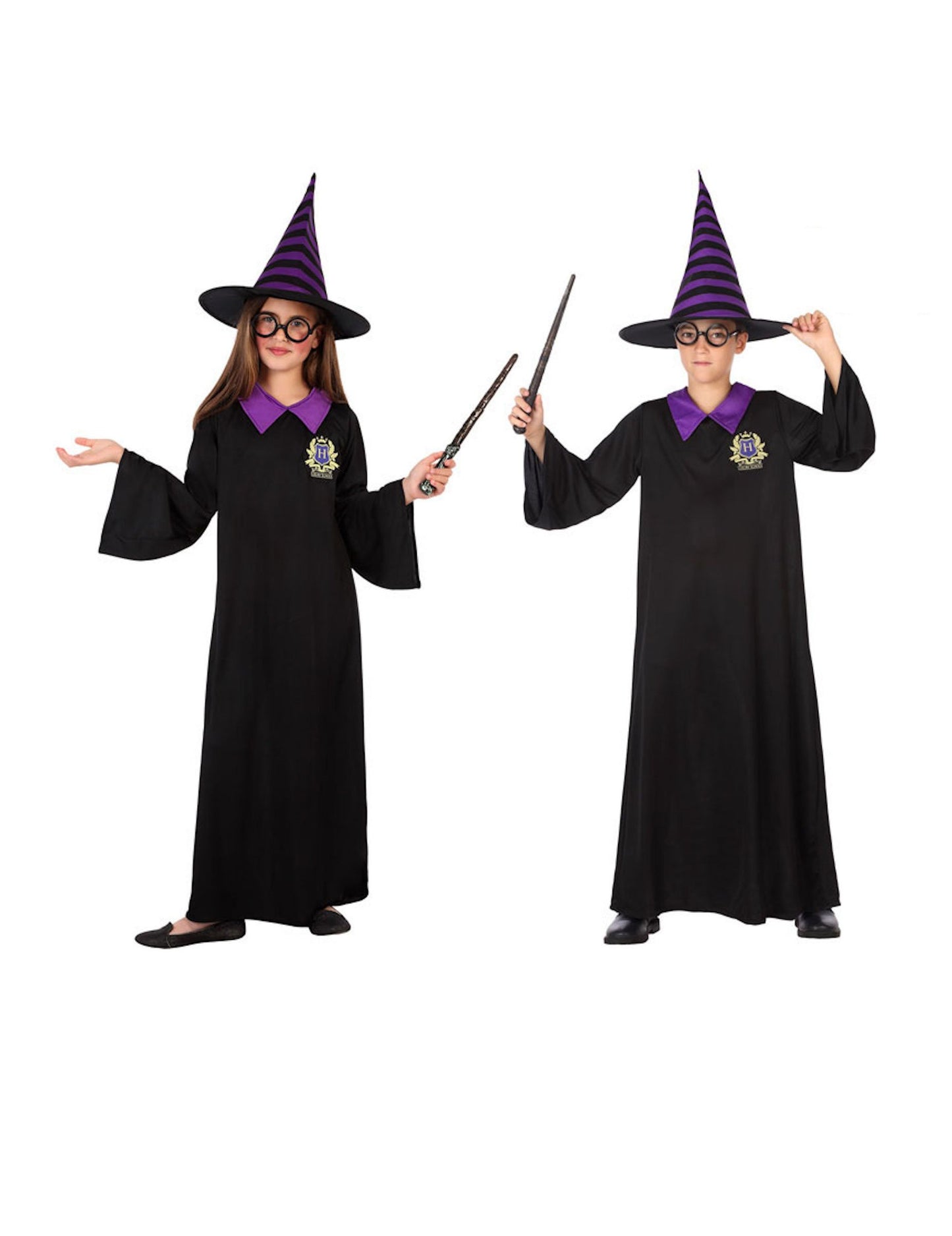 Déguisement de sorcier écolier pour enfant noir et violet avec chapeau et lunettes