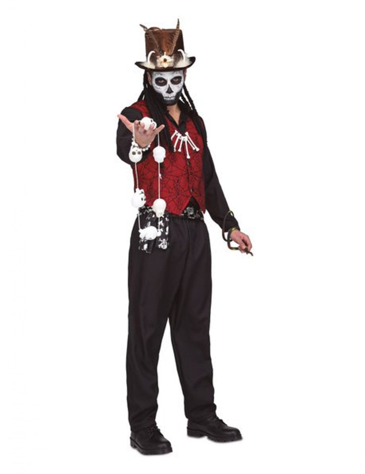 Déguisement de sorcier vaudou pour homme rouge et noir avec gilet et chapeau à plumes