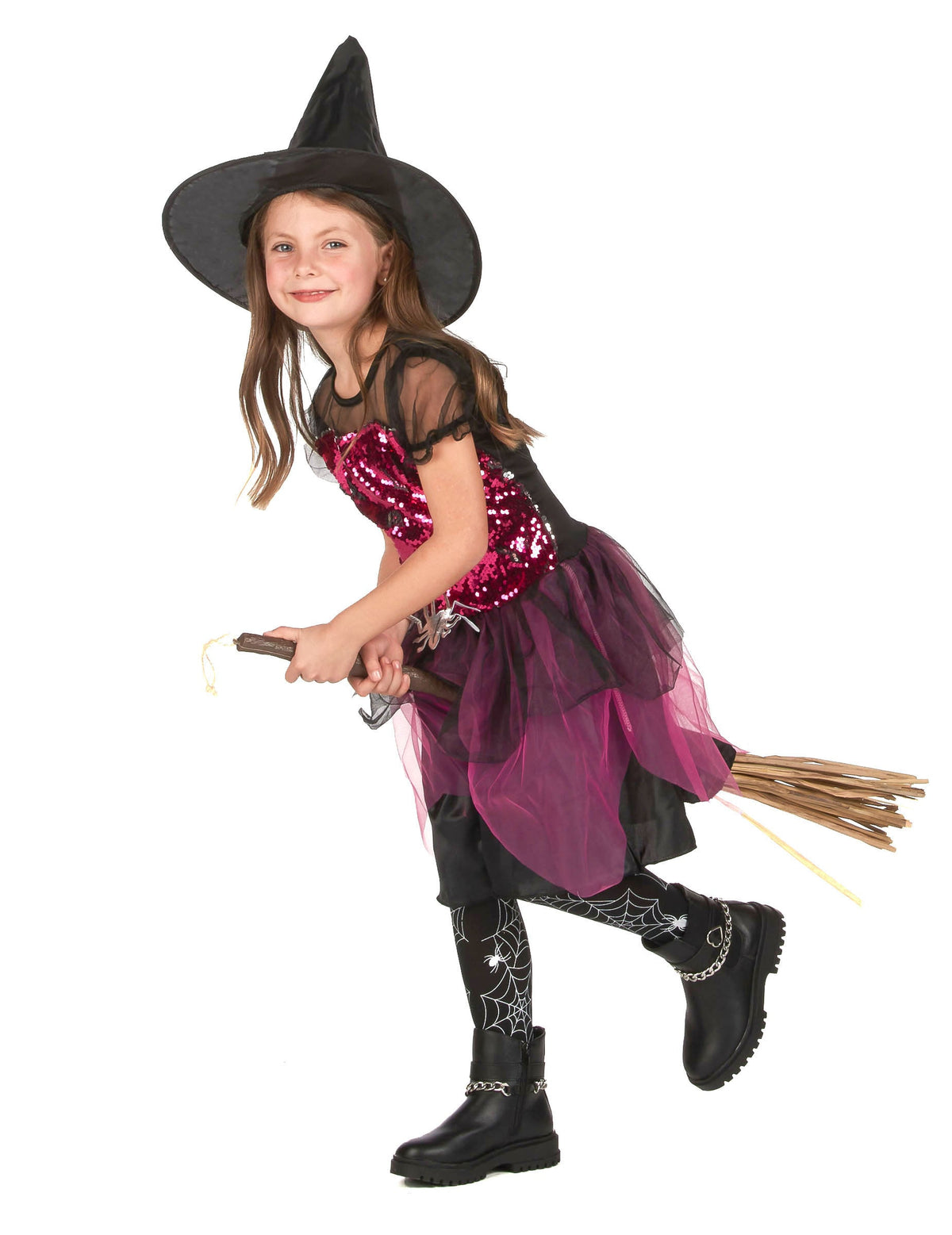Déguisement de sorcière à sequins pour fille rose et noir avec chapeau