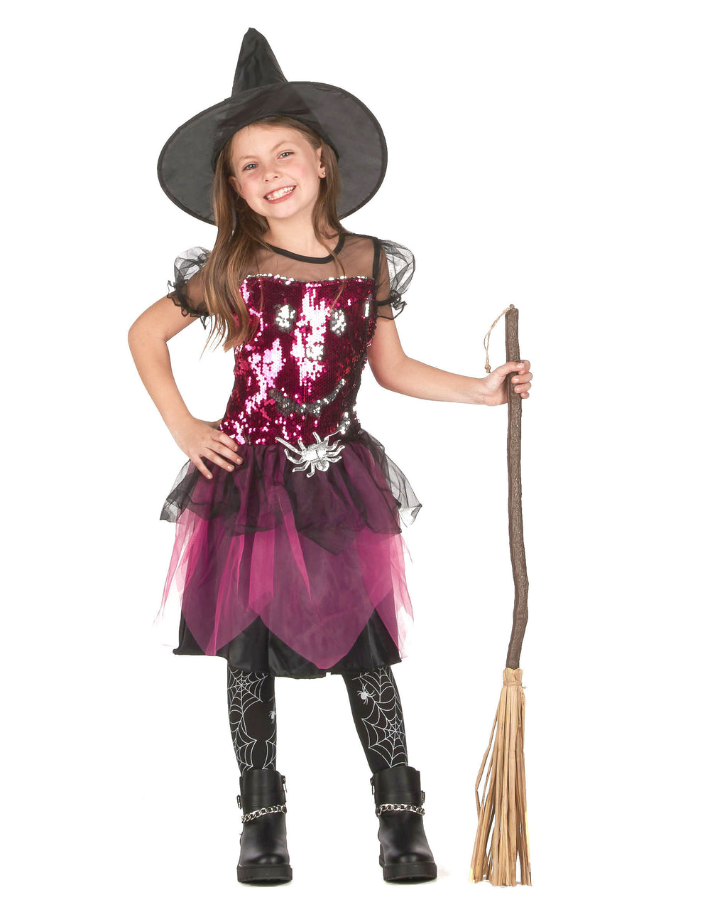 Déguisement de sorcière à sequins pour fille roses et noir avec chapeau