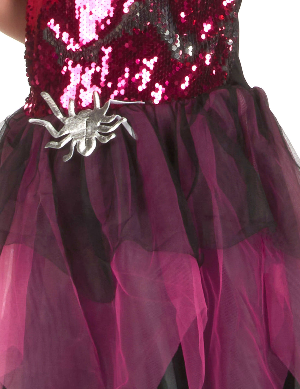 Détail de l'araignée et des sequins du déguisement de sorcière à sequins pour fille