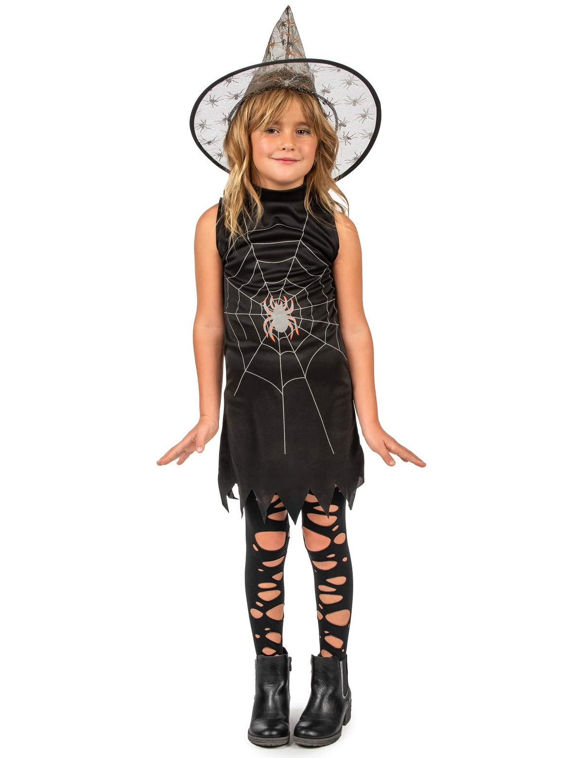 Fato de bruxa com chapéu para menina preto com motivo de teia de aranha