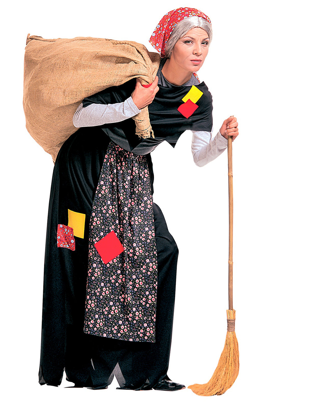 Déguisement de sorcière Befana pour adulte noir et multicolore avec foulard rouge et balai