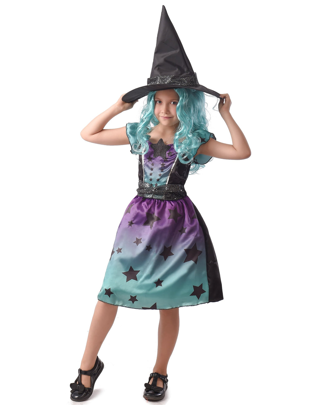 Déguisement de sorcière pour fille bleu et violet avec chapeau à étoiles