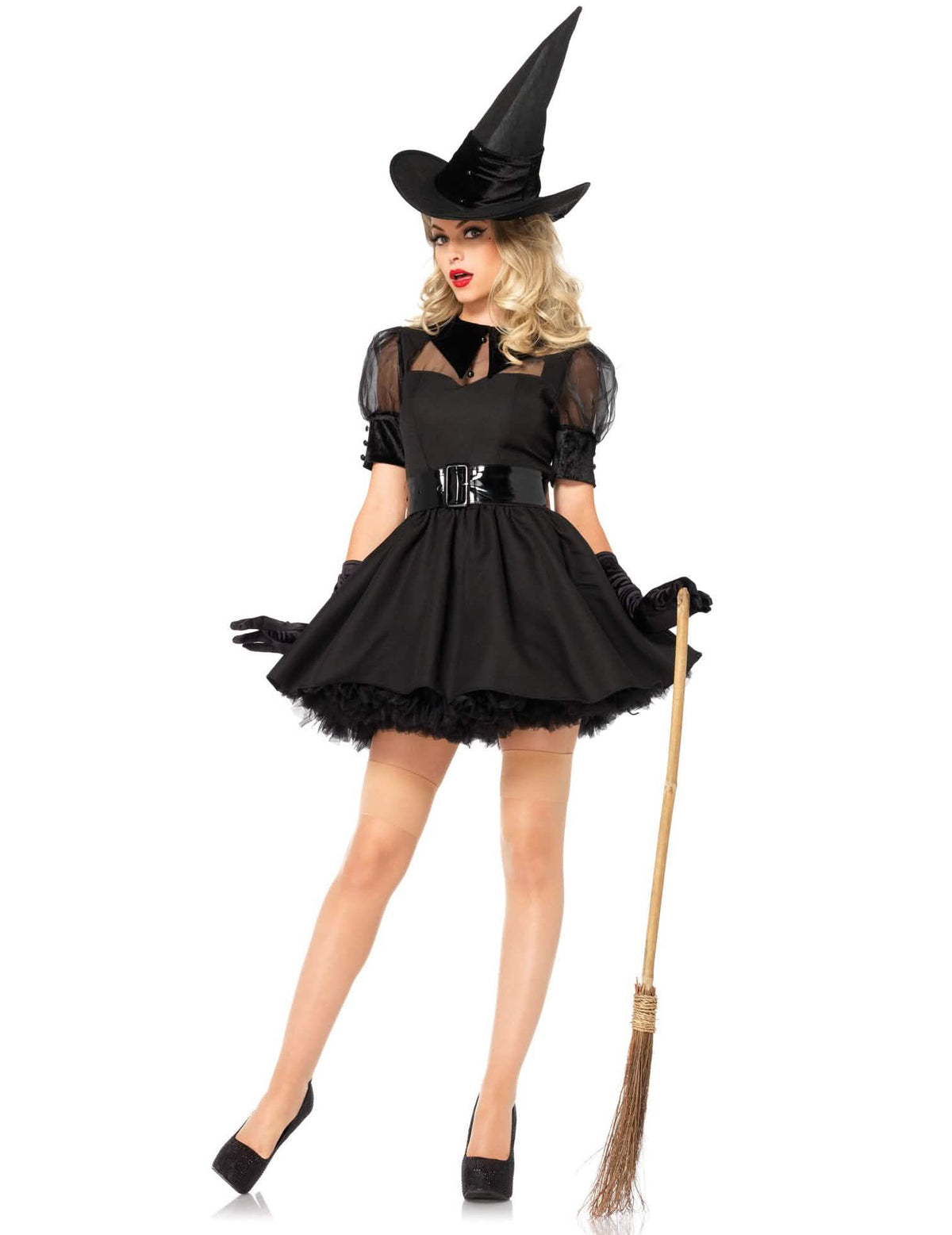 Déguisamento de bruxa elegante para mulher preto com chapéu pontiagudo e vestido com tutu
