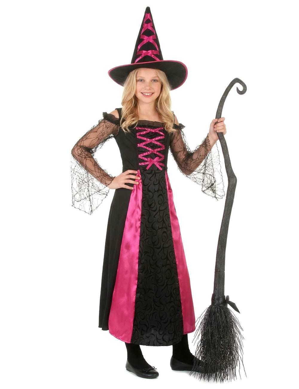 Vue de face avec chapeau et balai du déguisement de sorcière dentelé Halloween