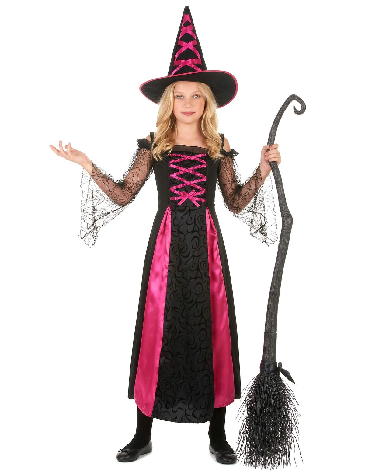 Vue d'ensemble avec chapeau et balai du déguisement de sorcière dentelé Halloween