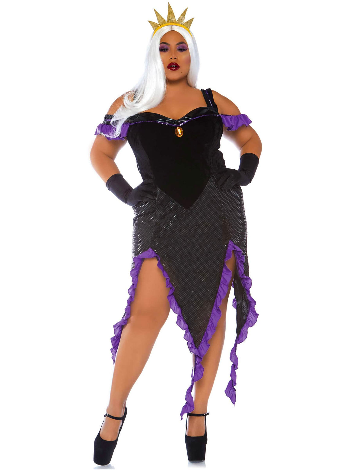 Fato de bruxa dos mares para mulher preto e roxo com coroa dourada