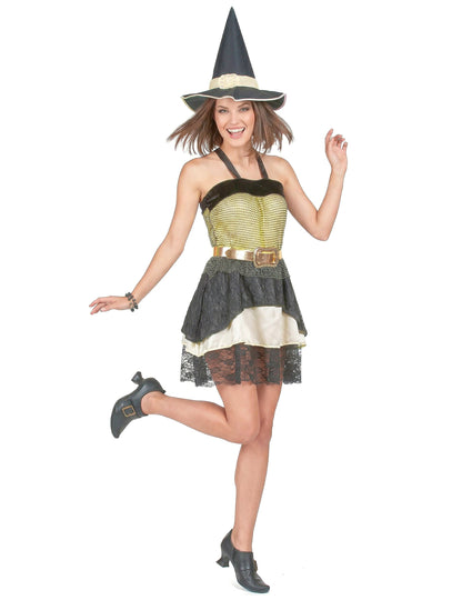 Disfarce bruxa mulher Halloween dourado
